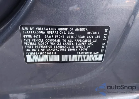 2012 Volkswagen Passat 2.5L Se z USA, uszkodzony, nr VIN 1VWBP7A35CC106319